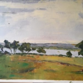 Trees on Connecticut River (oil on canvas) by artist Kathleen Gefell, New York